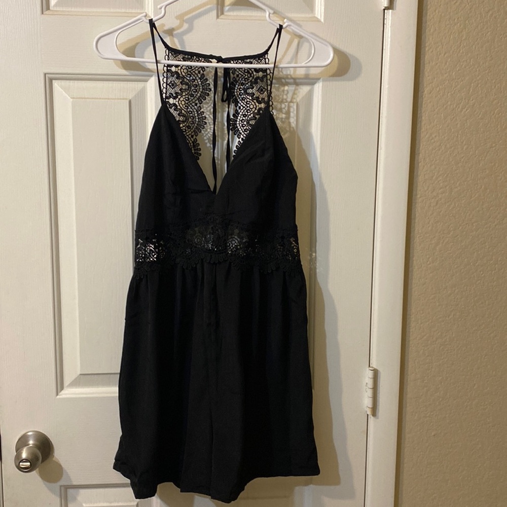Black Romper with Lace Midriff and Lace Back
